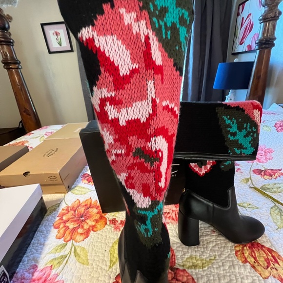 Nanette Lepore Black Leather Floral Knit Boots - Picture 2 of 11